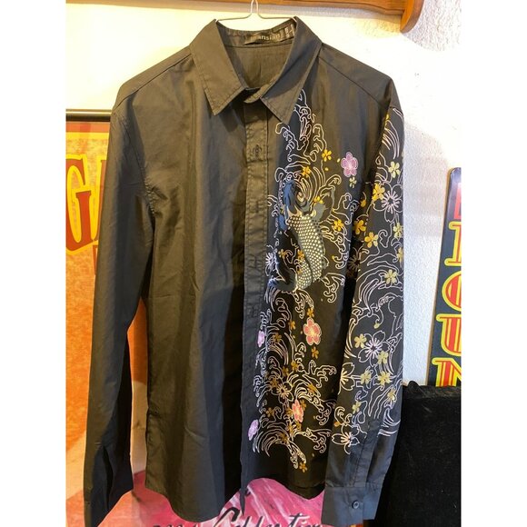 Mens Long Sleeve Button up Shirt Black Floral koi Design Large Club - Picture 2 of 5